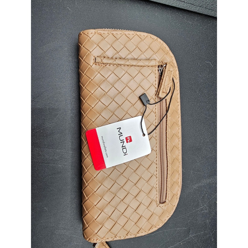 Mundi Woven Faux Leather Zip Around Wallet Tan Basketweave Clutch Organizer